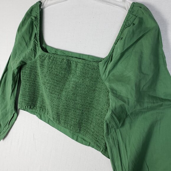 NWOT American Eagle AE Cropped Corset Balloon Sleeve Top Smocked Back Green sz L - Picture 11 of 15